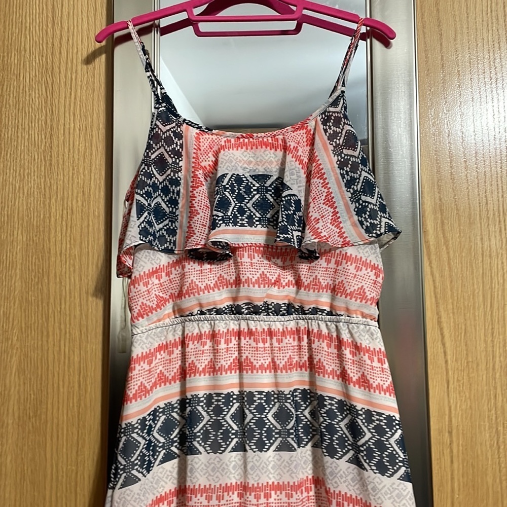 Heart Soul Med lined spaghetti strap dress ruffle bodice side slit orange blue - Picture 3 of 9